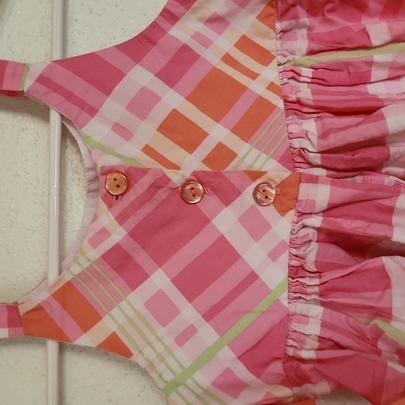 YOUNGLAND Pink and Orange Plaid Dress with Back Buttons and Tie-back Ribbons - Picture 4 of 5